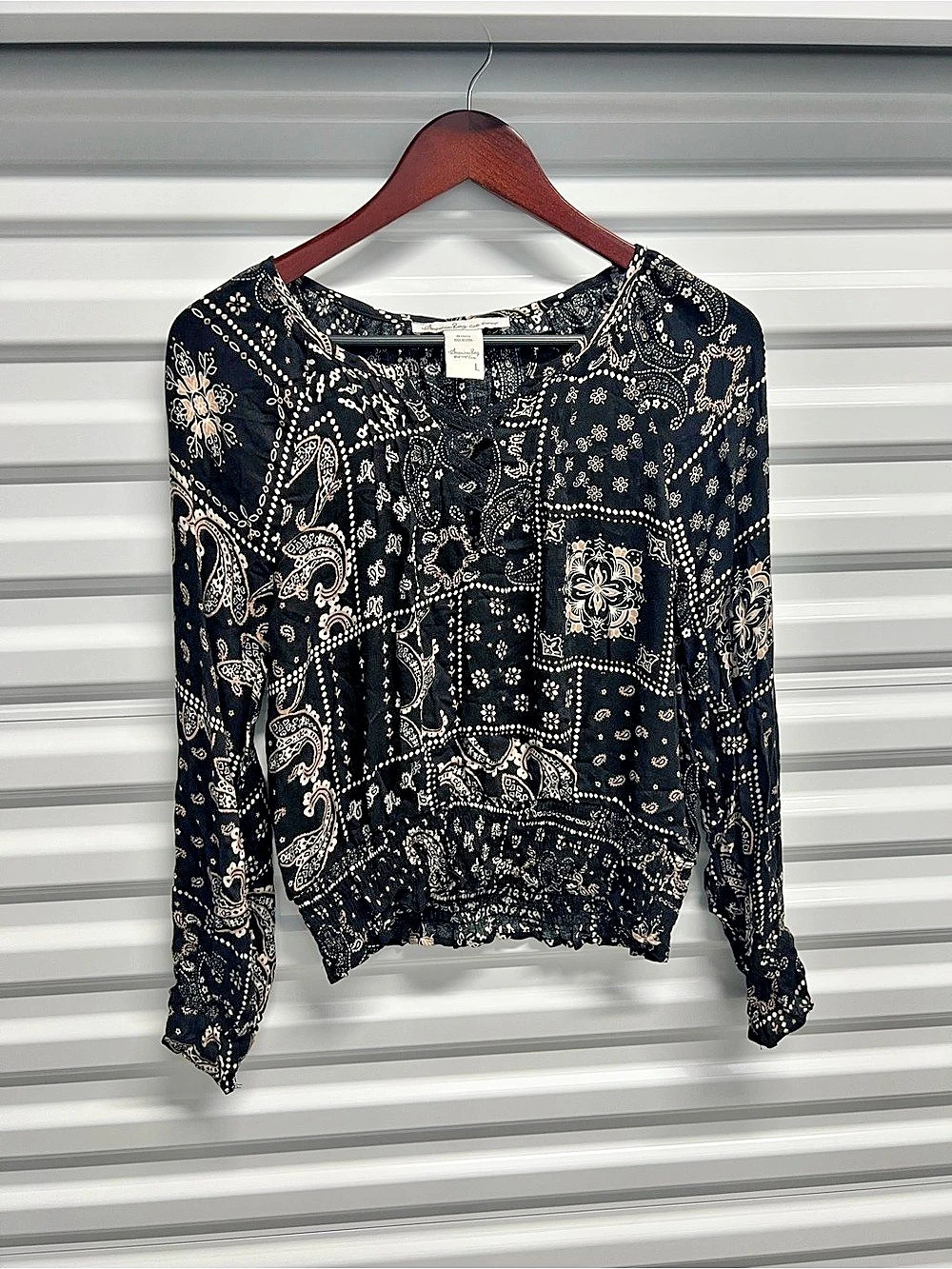 American Rag Cie Paisley Long Sleeve Blouse Black Size Large